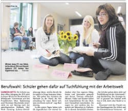 Vorschau-Bild Artikel „Berufswahl: Schüler gehen dafür auf Tuchfühlung mit der Arbeitswelt“ über einen LWP-Workshop an der IGS Garbsen den Christiane Maschetzke und Marc Buddensieg. in: Neue Presse / Hannoversche Allgemeine Zeitung, „Berufswahl: Schüler gehen dafür auf Tuchfühlung mit der Arbeitswelt“, 23.09.2011