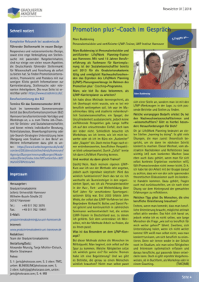 Vorschau auf Newsletter der Graduiertenakademie der Leibniz Universität Hannover 01/2018, Seite 4; 4 Fragen an ... Marc Buddensieg, LWP-Trainer